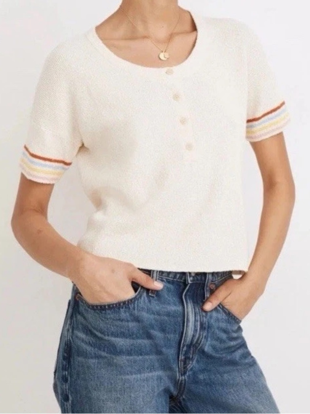 Madewell Henley Cotton Blend Rainbow Striped Sweater Tee